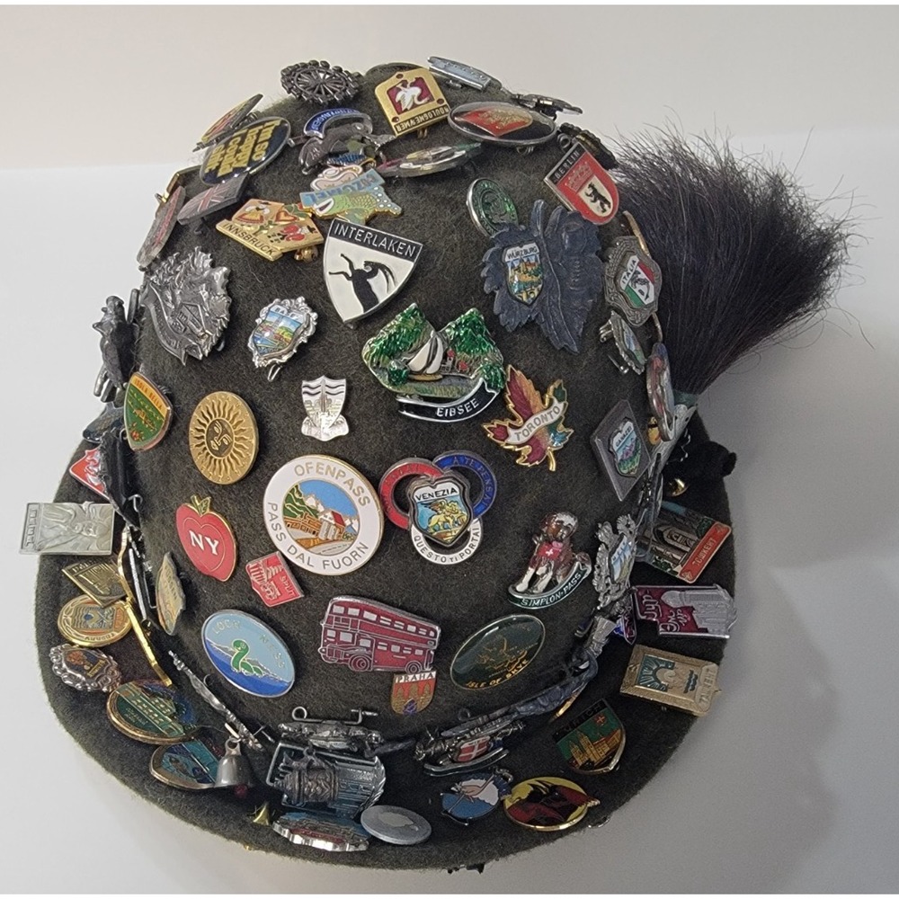 Vintage Alpine Wool Felt Tyrolean Hat with 200+ Vintage Travel Pins Green